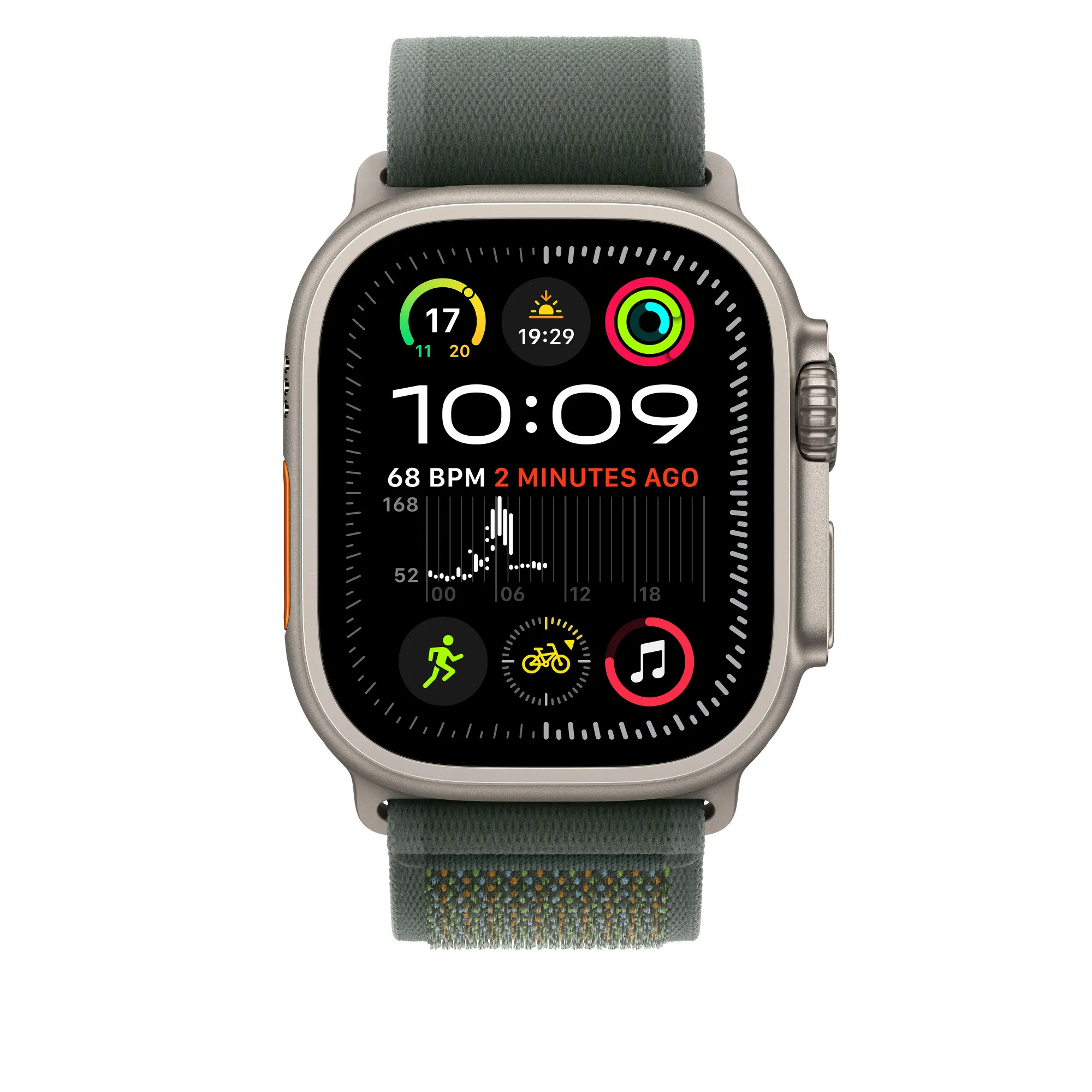 Apple Watch 49 mm -Trail-ranneke, Vihreä / Luonnontitaani, M/L
