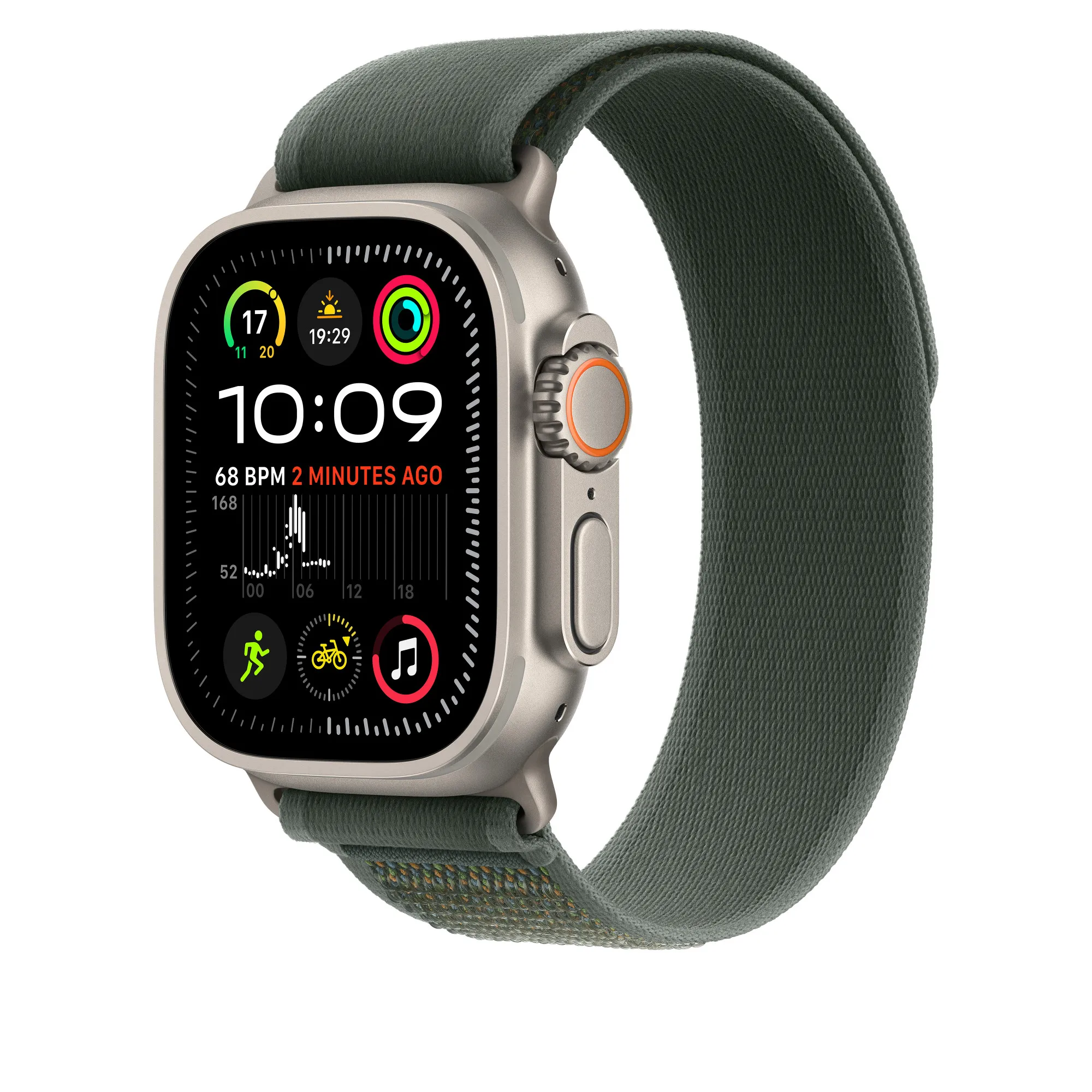 Apple Watch 49 mm -Trail-ranneke, Vihreä / Luonnontitaani, M/L