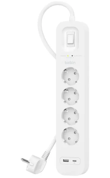 Belking Connect pistorasia, ylijännitesuoja USB-C ja USB-A porteilla 4 pistoketta, jatkojohto, 2m, Valkoinen