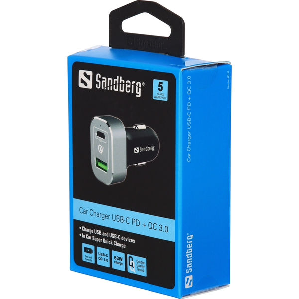 Car Charger USB-C PD+QC3.0 63W, Black/Silver