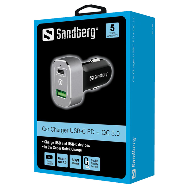 Car Charger USB-C PD+QC3.0 63W, Black/Silver