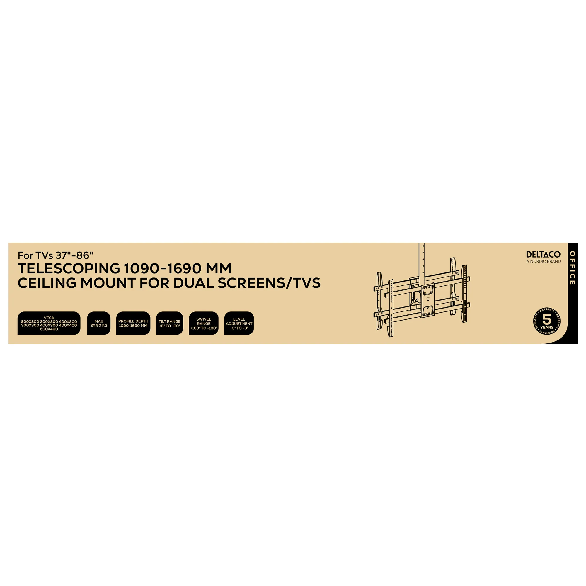 DELTACO ARM-0404-B Telescopic Television Ceiling Mount for 2x 37-86" Televisions, Black