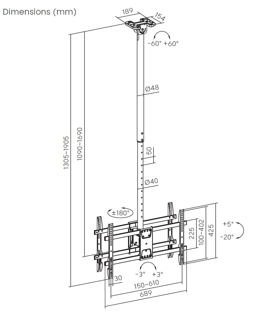 DELTACO ARM-0404-B Telescopic Television Ceiling Mount for 2x 37-86" Televisions, Black
