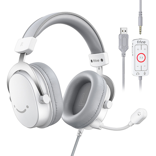 Fifine AmpliGame H9W gaming headset + USB-kontrollenhet, vit