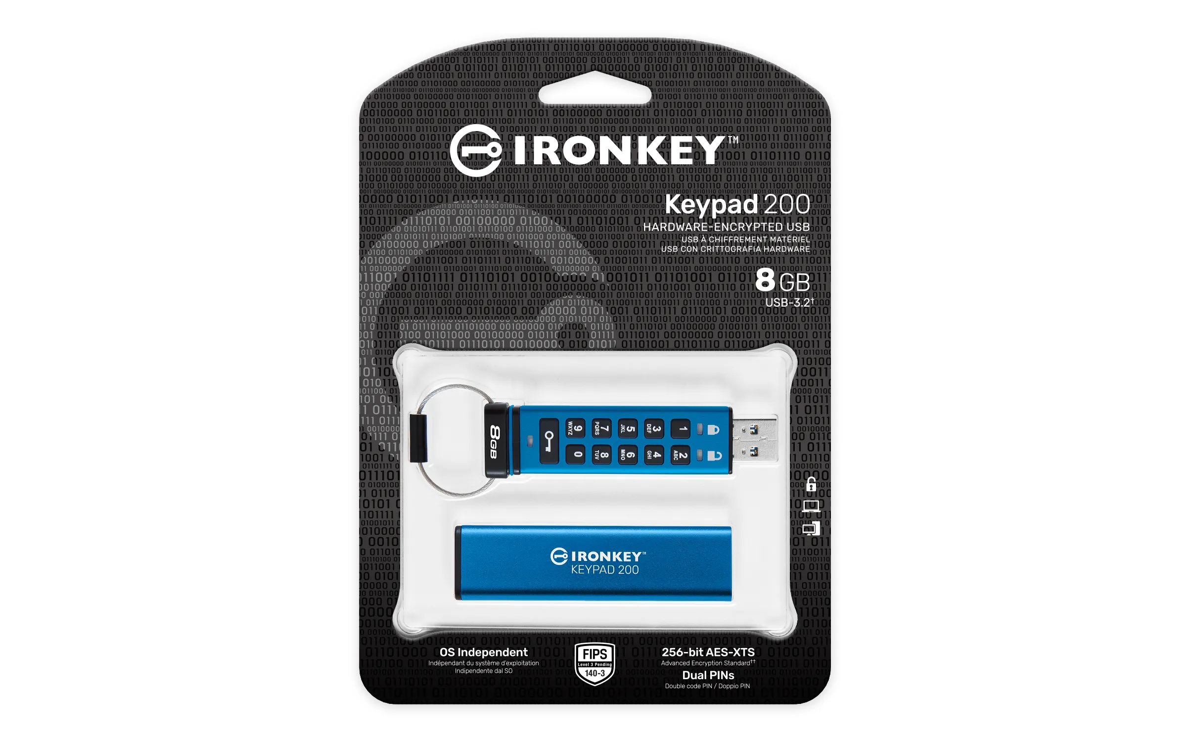 Kingston IronKey Keypad 200, AES-256 8GB USB 3.2 Gen 1x1 - memory stick, Blue