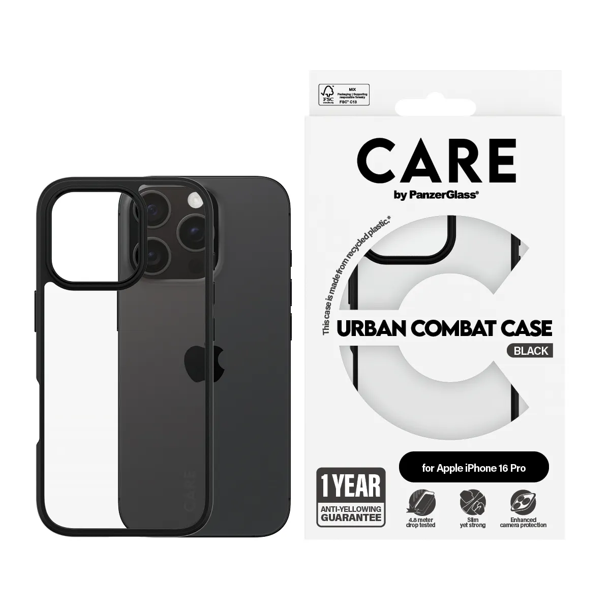 CARE by PanzerGlass Urban Combat MagSafe Case for iPhone 16 Pro, Transparent with Black Frame