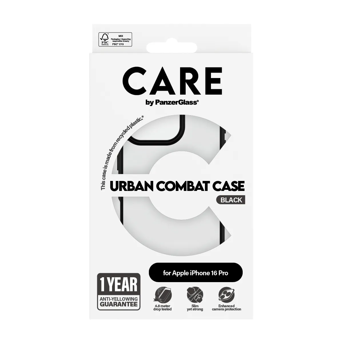 CARE by PanzerGlass Urban Combat MagSafe Case for iPhone 16 Pro, Transparent with Black Frame