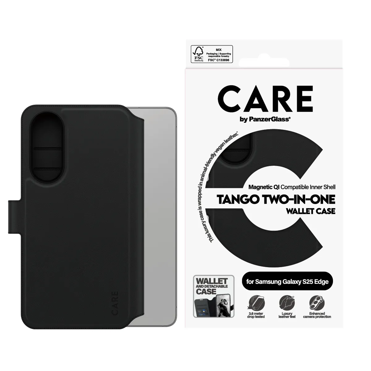 PanzerGlass CARE Tango 2-in-1 Wallet Case for Galaxy S25 Edge, Black