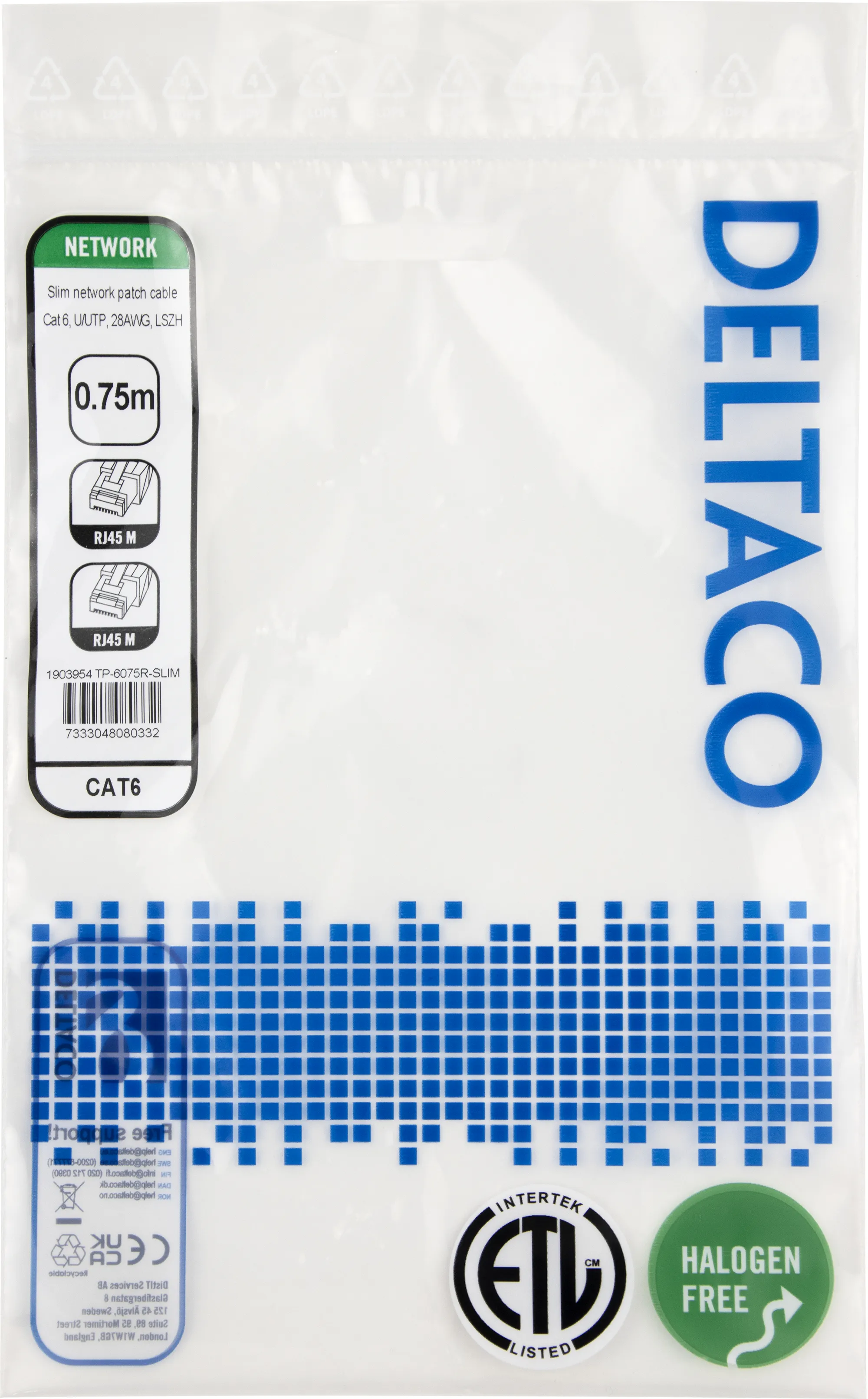 Deltaco Cat6 UTP RJ45 0.75m -verkkokaapeli, punainen