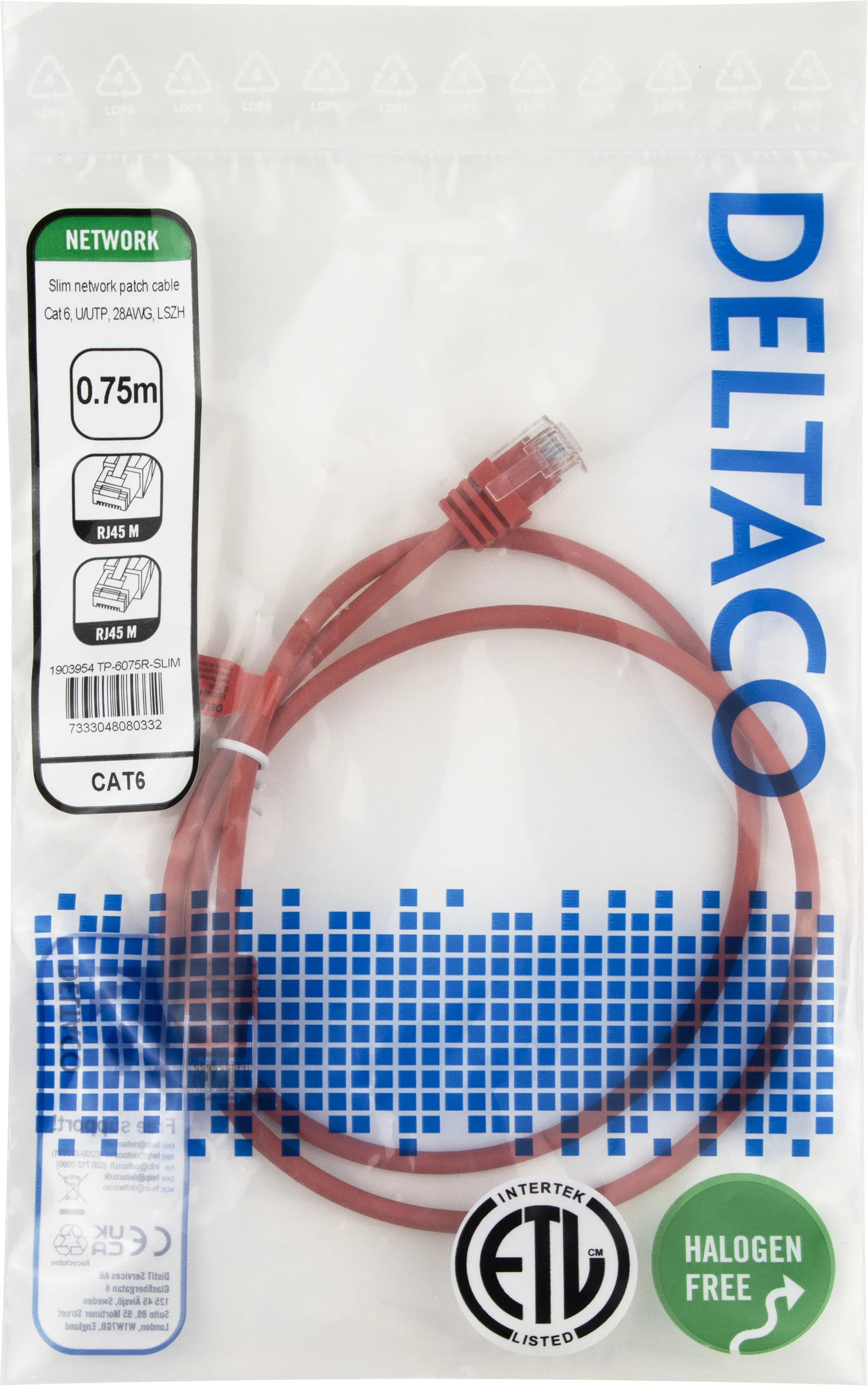 Deltaco Cat6 UTP RJ45 0.75m -verkkokaapeli, punainen