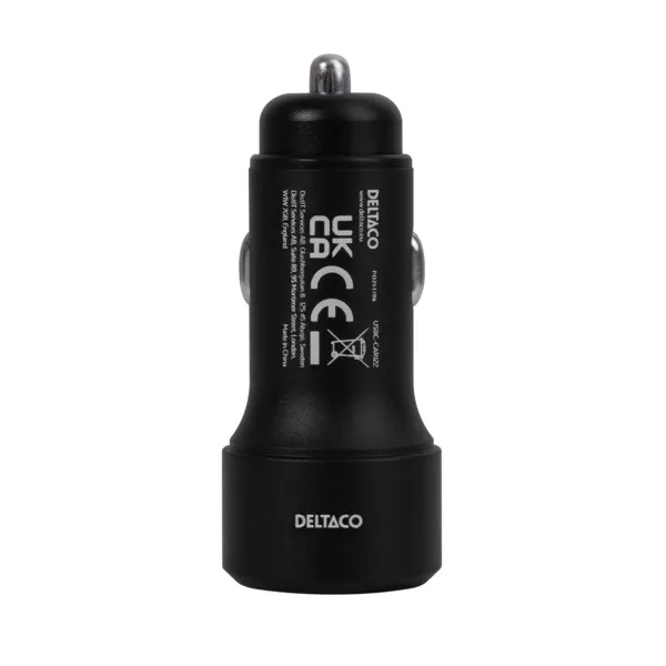 DELTACO USB car charger, 1x USB-C, PD 20 W, 1x USB-A, 18 W, 38W, metal