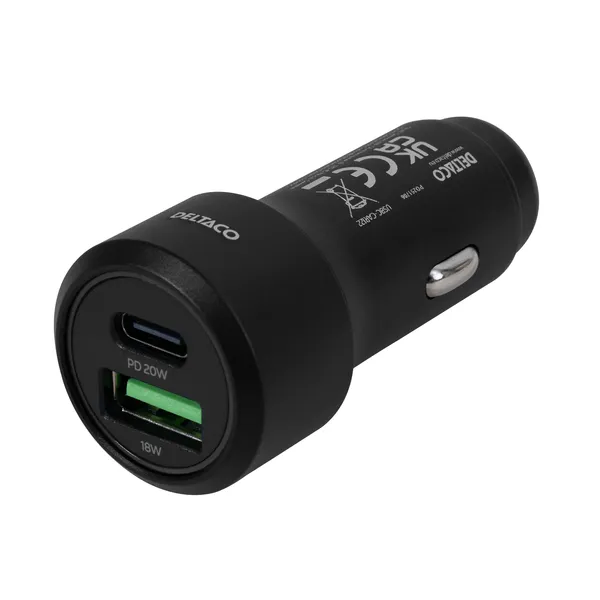DELTACO USB car charger, 1x USB-C, PD 20 W, 1x USB-A, 18 W, 38W, metal