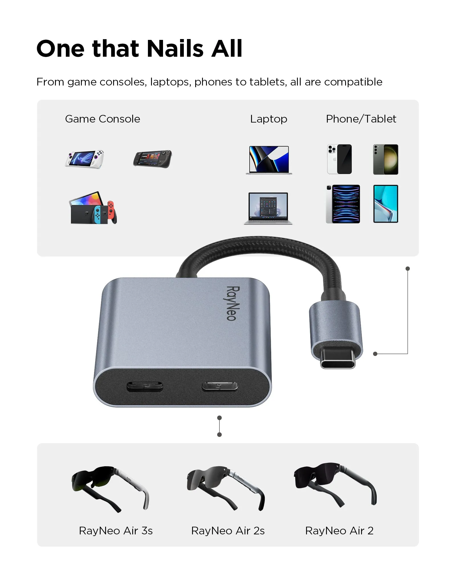 RAYNEO XRAC-CHA01OS USB-C to Dual USB-C Adapter, Stainless Steel