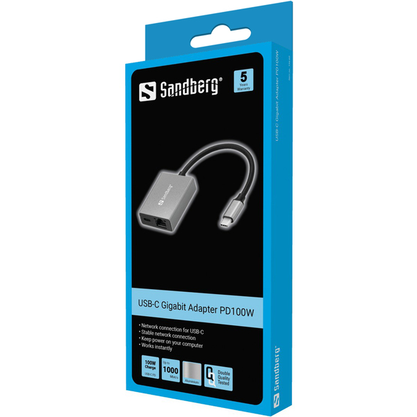 Sandberg USB-C - RJ45 Gigabit PD 100W -sovitin, Hopea