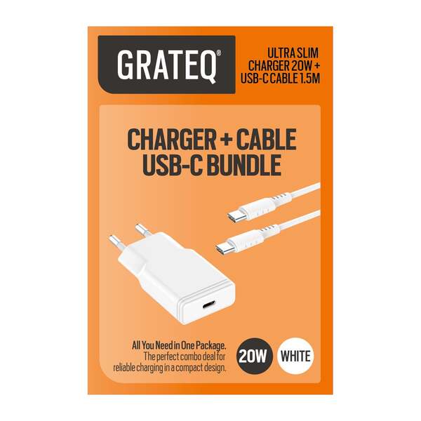 GRATEQ TAHKO CHARGER 20W + CABLE 1.5M BUNDLE WHITE