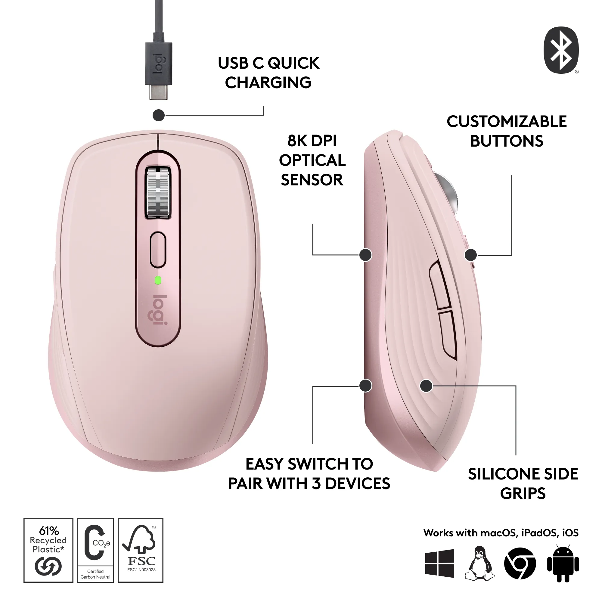 Logitech MX Anywhere 3S Wireless Mouse, Pink