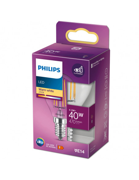 Philips LED-filamentlampa Classic P45 E14 4.3W (40W) Klar 470lm 2700K - 2-pack
