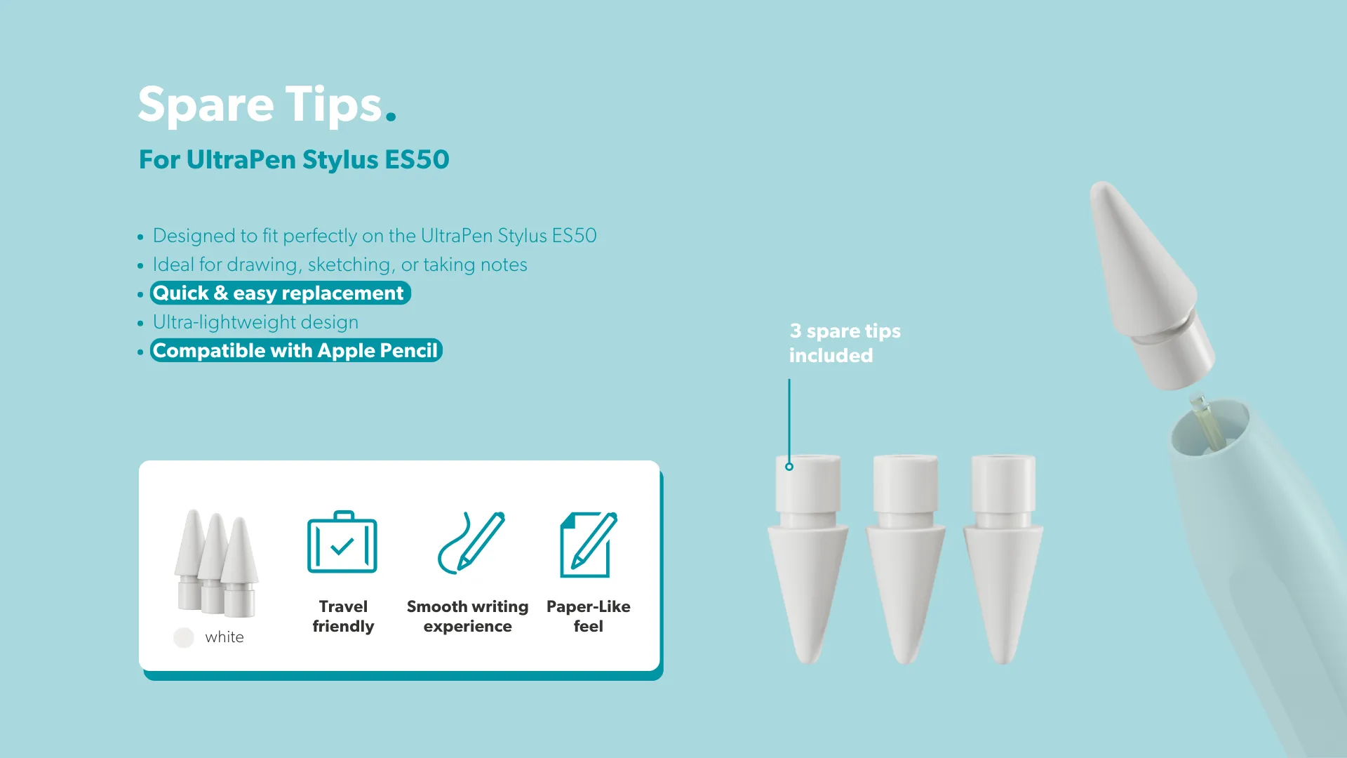 Epico Spare Tips for Epico UltraPen ES50 and Apple Pencil | White | Smooth Writing and Easy Replacement