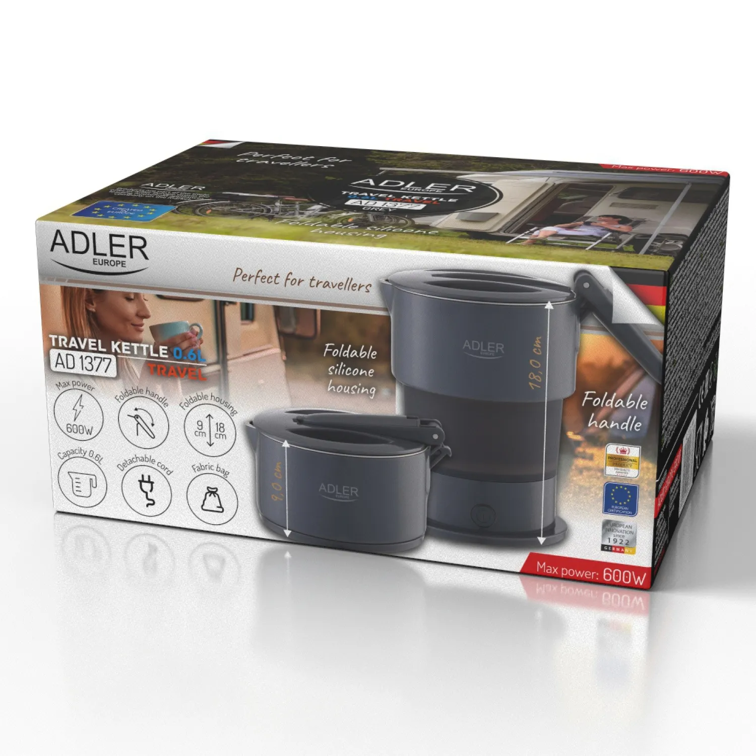 Adler AD 1377g vattenkokare, 0,6 l, 600 W, gr&aring;