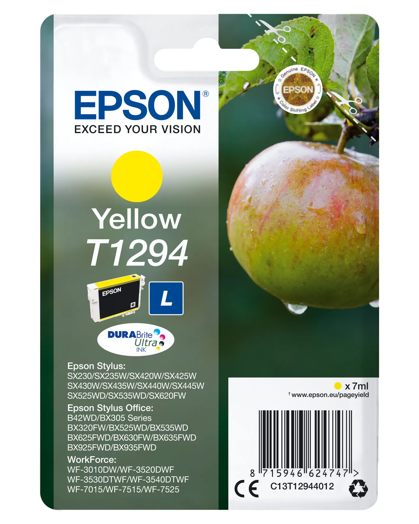 Epson T1294 - Koko L - keltainen - alkuper&auml;inen - blister RF:ll&auml;/&auml;&auml;nih&auml;lyttimell&auml; - mustepatruuna malleihin Stylus SX230, SX235, SX430, SX438, WorkForce WF-3520