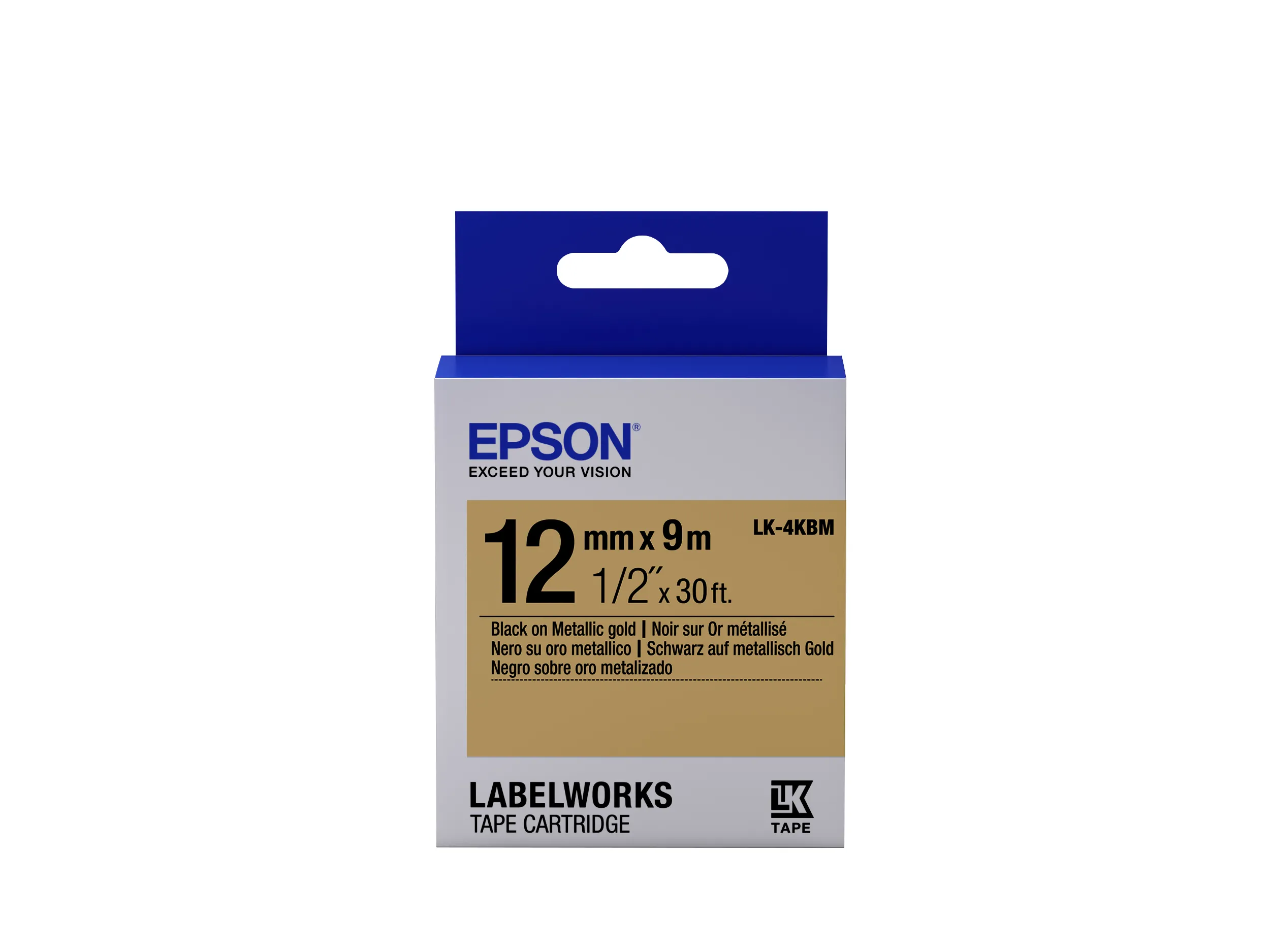 Epson LabelWorks LK-4KBM - Musta kullalla - Rulla (1,2 cm x 9 m) 1 rulla (rullat) etikettiteippi malleihin LabelWorks LW-1000, 300, 400, 600, 700, 900, K400, Z7