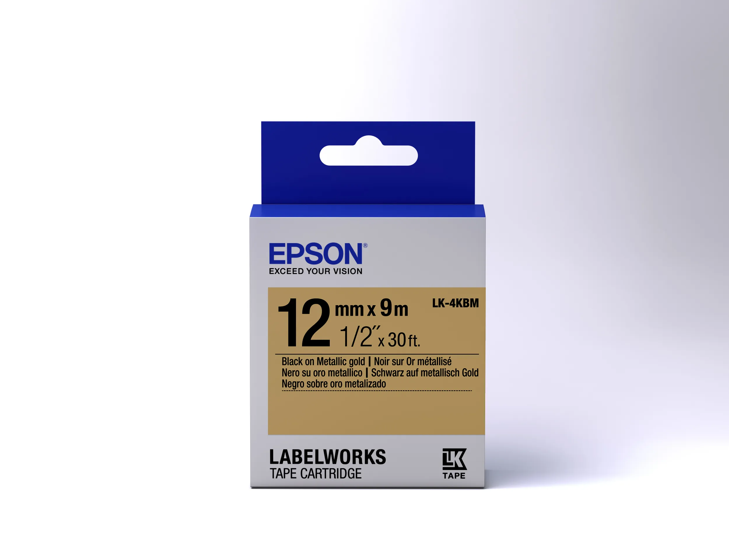 Epson LabelWorks LK-4KBM - Musta kullalla - Rulla (1,2 cm x 9 m) 1 rulla (rullat) etikettiteippi malleihin LabelWorks LW-1000, 300, 400, 600, 700, 900, K400, Z7