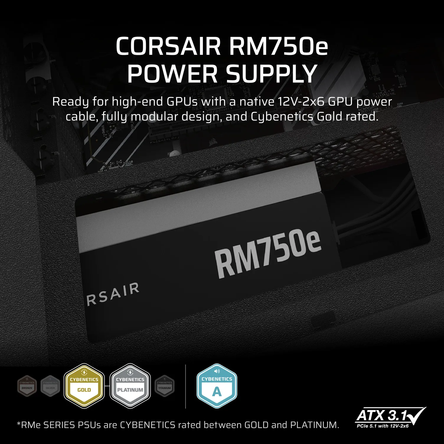 Corsair RMe 750W ATX 3.1 (2025) -virtal&auml;hde, 80 Plus Gold