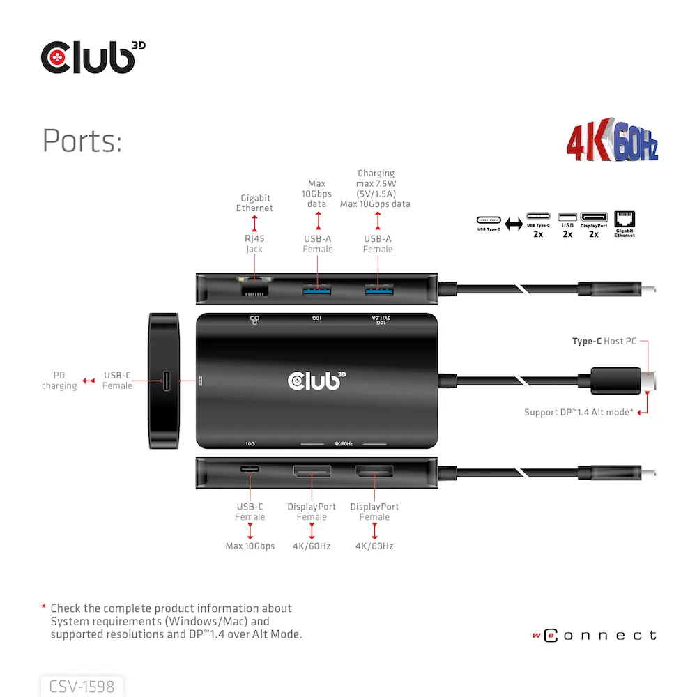 Club 3D 3.2 Gen2 USB-C 7-in-1 - dock, Svart