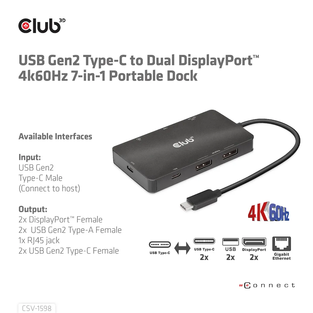 Club 3D 3.2 Gen2 USB-C 7-in-1 - dock, Svart