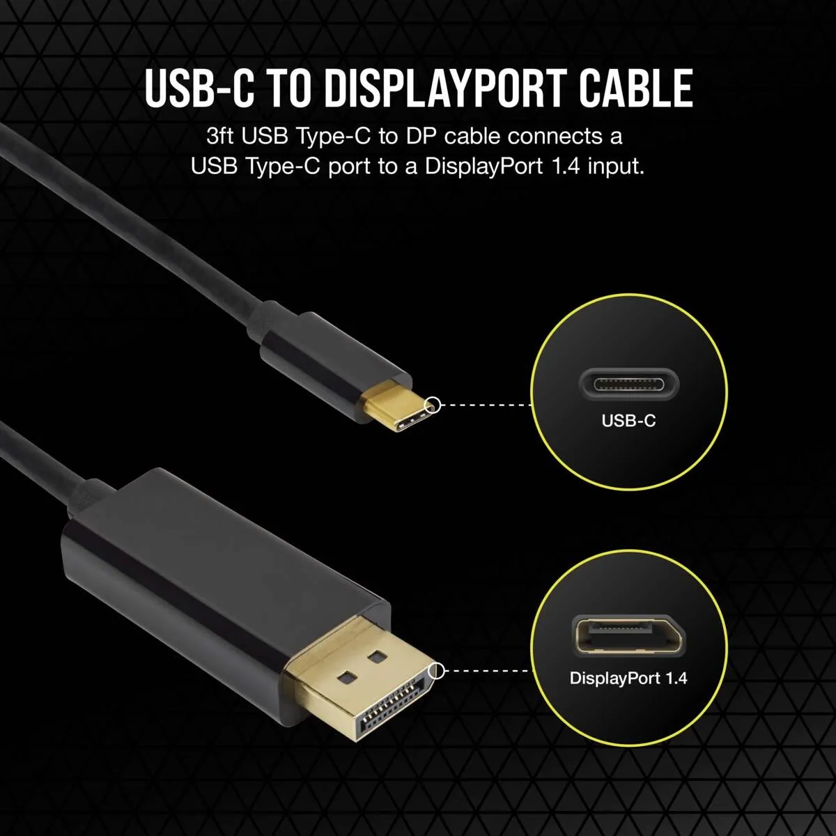 Corsair USB-C - DisplayPort 1.4 -kaapeli, Musta, 0.9m