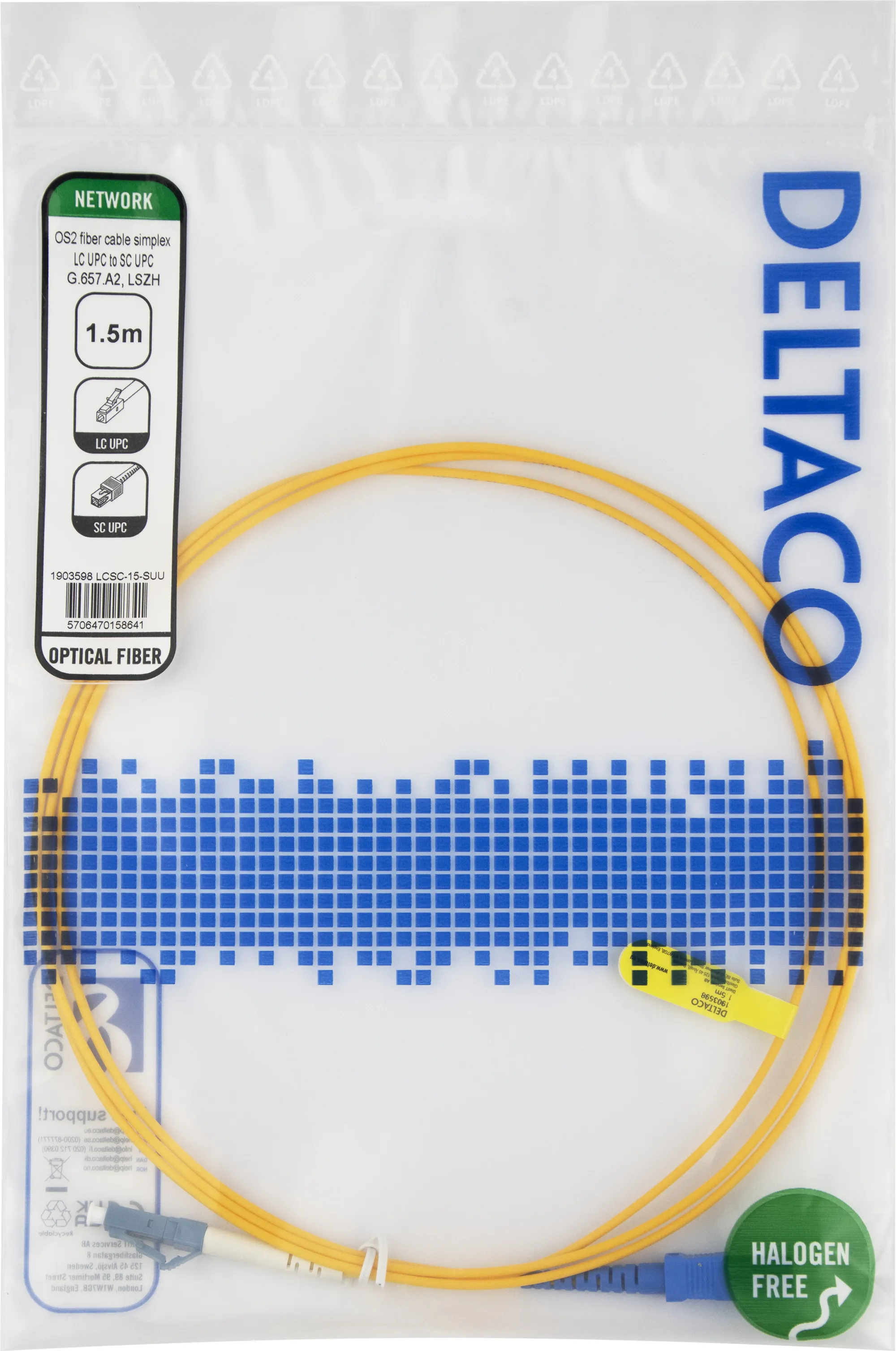 Deltaco OS2 LSZH LC-SC 1.5m -valokuitukaapeli, keltainen
