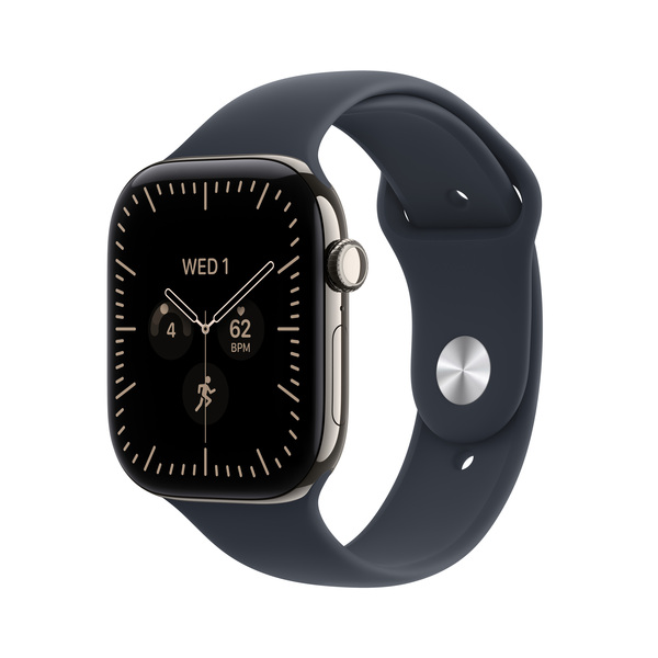 Apple Watch Series 12 (GPS + Cellular) 46mm Natural Titanium Case with Navy Blue Sport Band, M/L