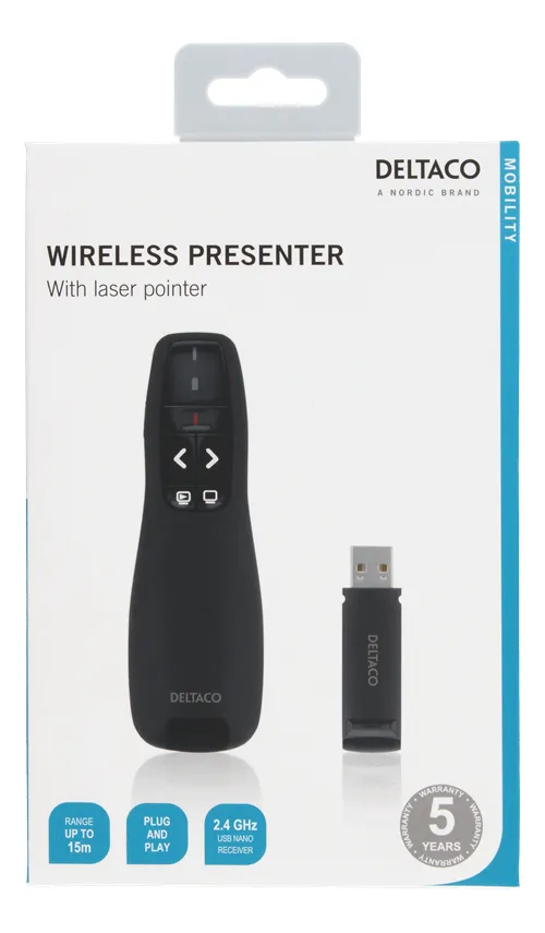 Deltaco WP-001 Wireless -laseresityskaukosäädin, Musta