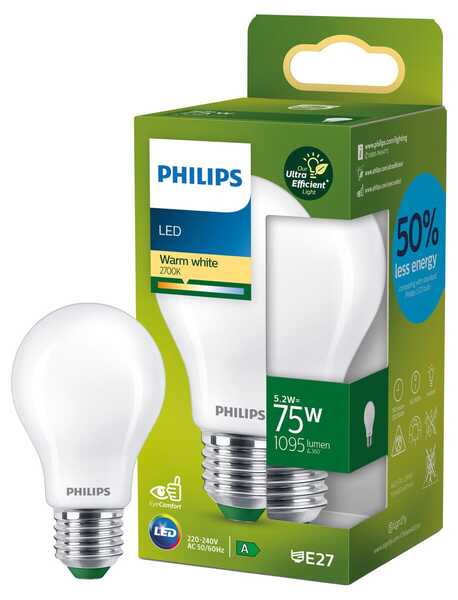 Philips Ultra Efficient LED Lamp E27 A60 5.2 Watt (75 Watt) Clear 1095 Lumen 2700 Kelvin