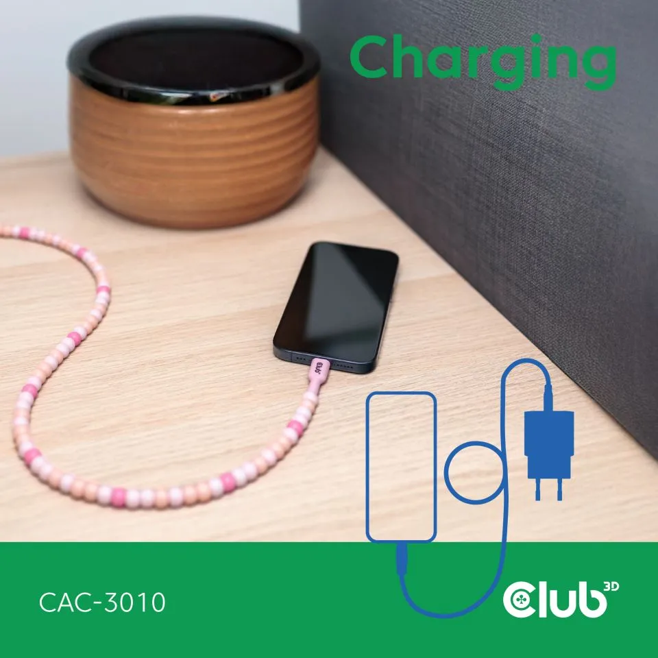 Club 3D USB-C - USB-C 60W Beaded -kaapeli, Pinkki, 2m