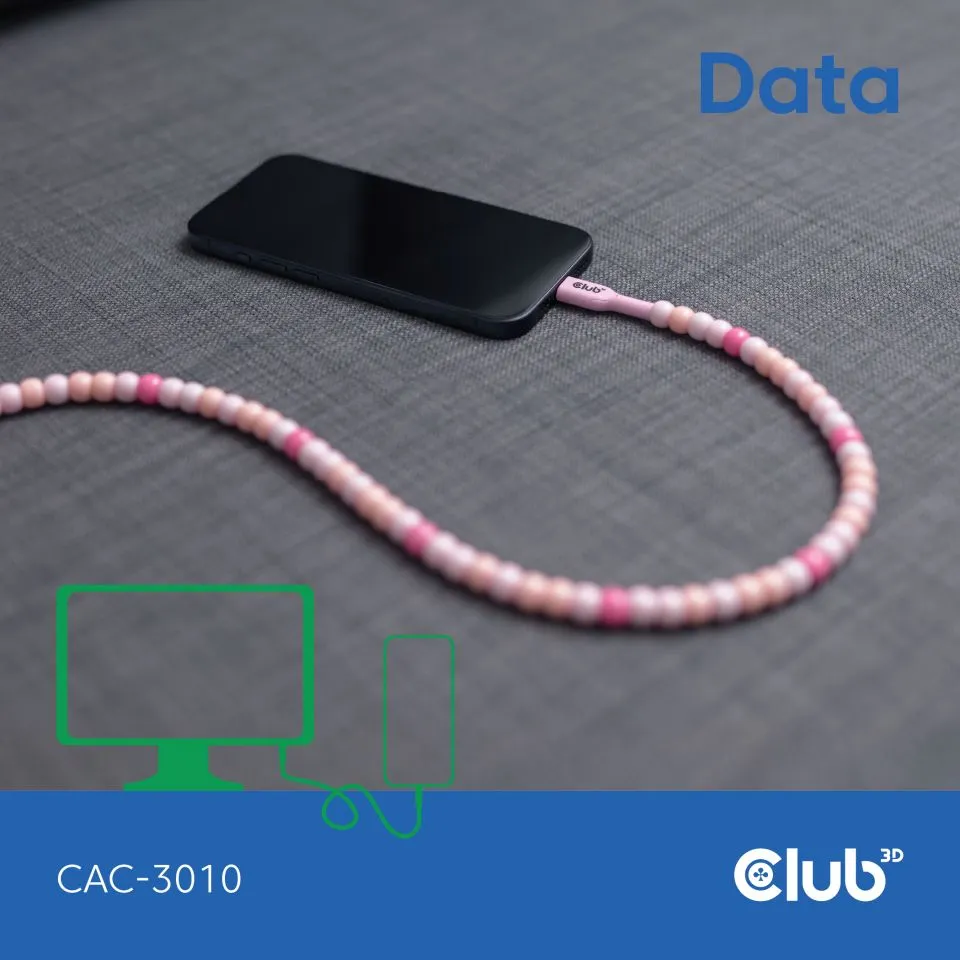 Club 3D USB-C - USB-C 60W Beaded -kaapeli, Pinkki, 2m