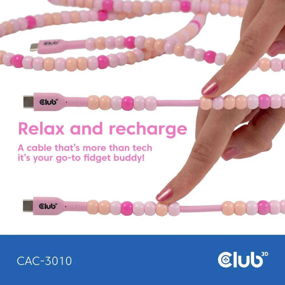 Club 3D USB-C - USB-C 60W Beaded -kaapeli, Pinkki, 2m