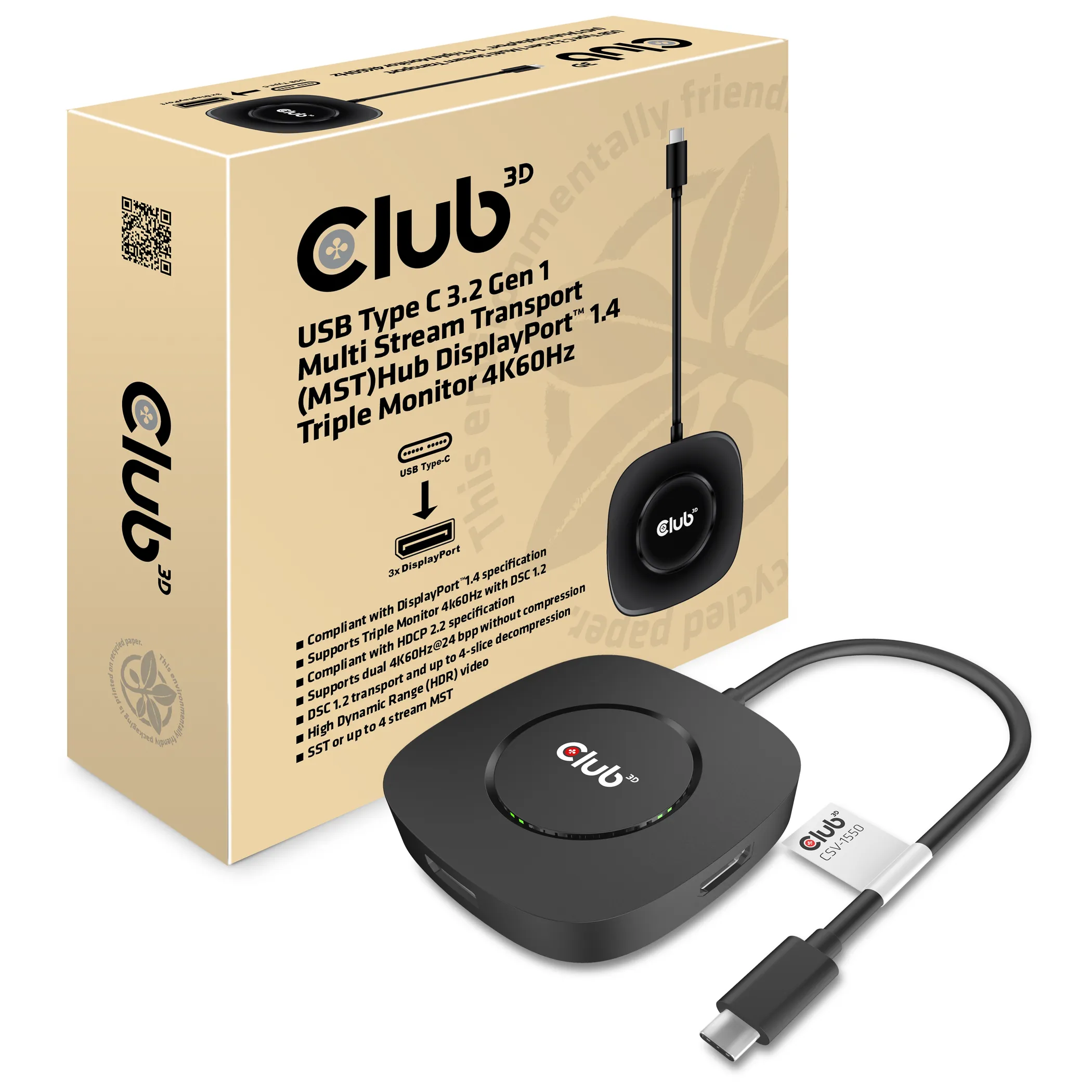 Club 3D 3.2 Gen1 USB-C - 3x DisplayPort 1.4 MST - hub, Svart