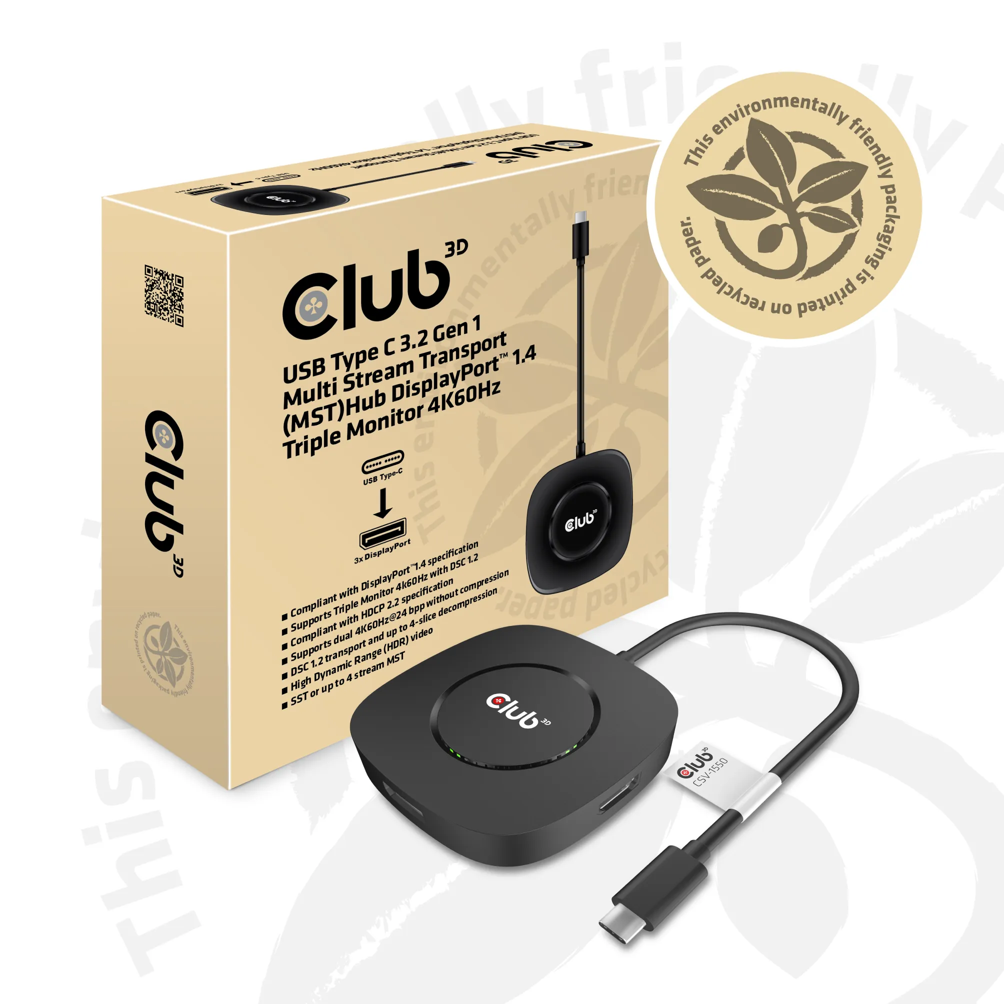 Club 3D 3.2 Gen1 USB-C - 3x DisplayPort 1.4 MST - hub, Svart