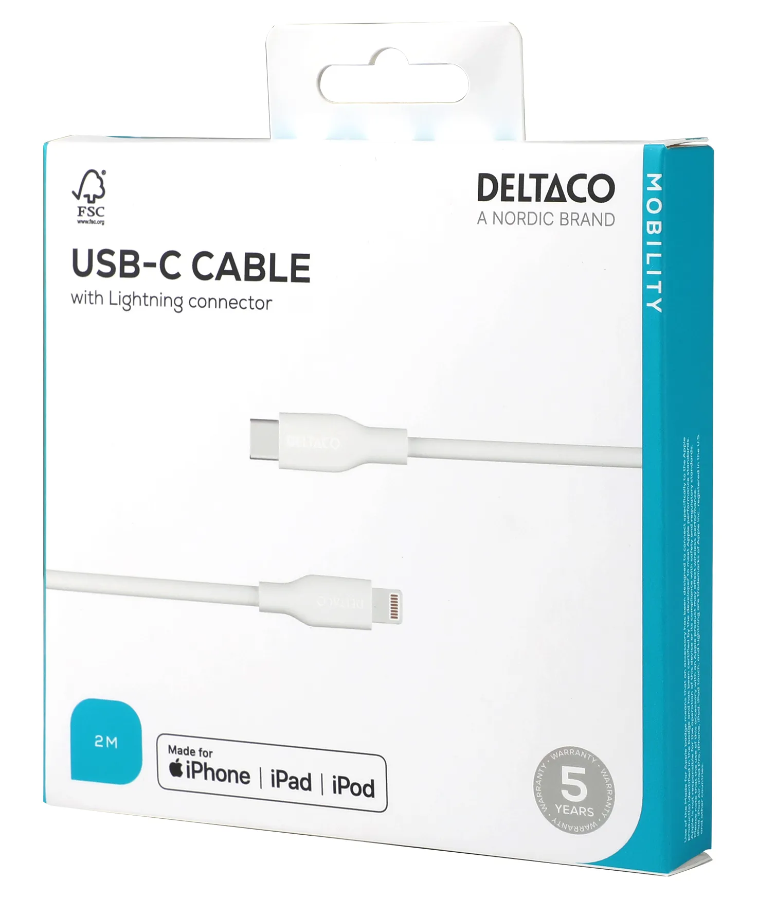 Deltaco USB-C - Lightning, C94 - cable, White, 2m