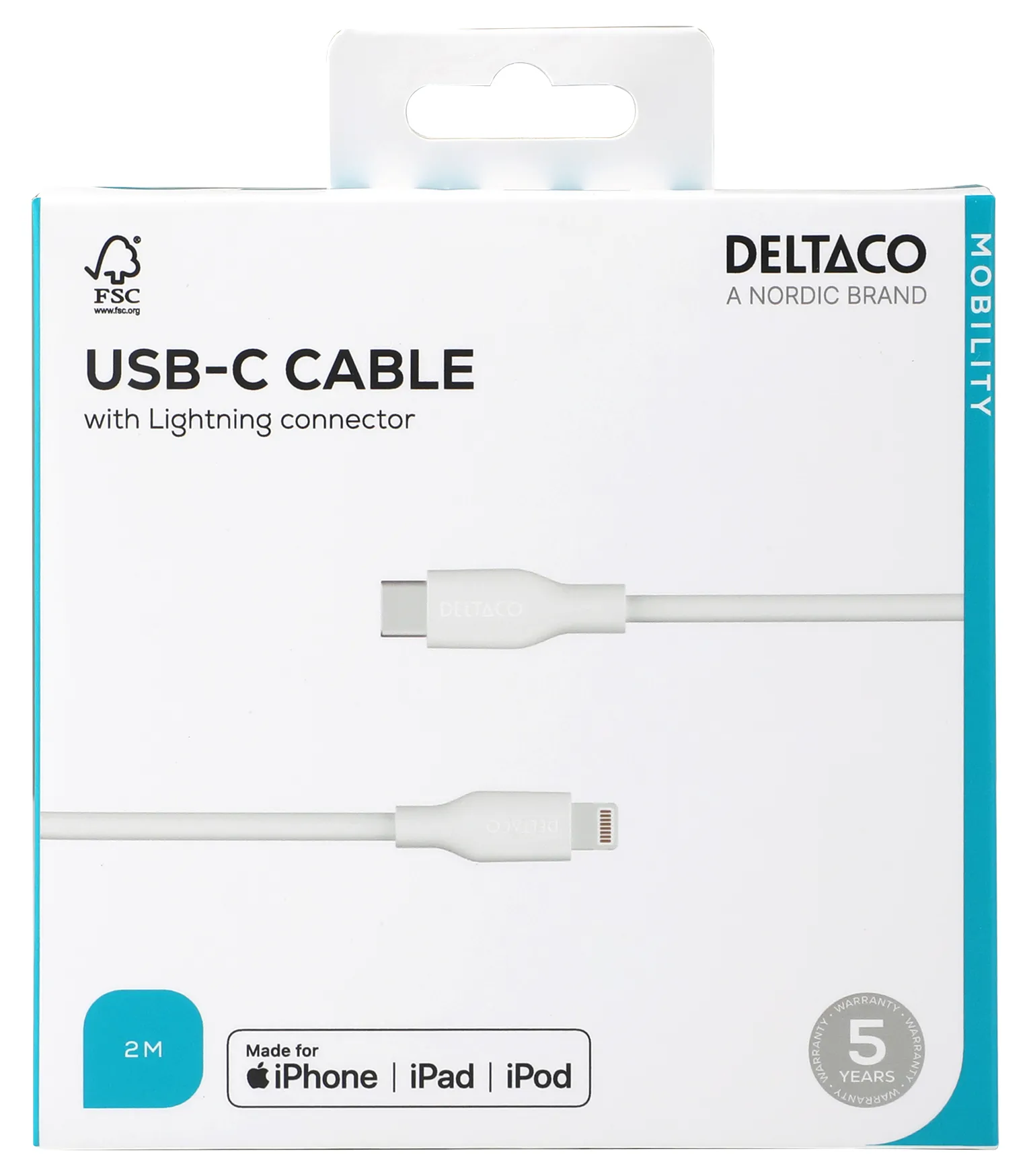 Deltaco USB-C - Lightning, C94 - cable, White, 2m