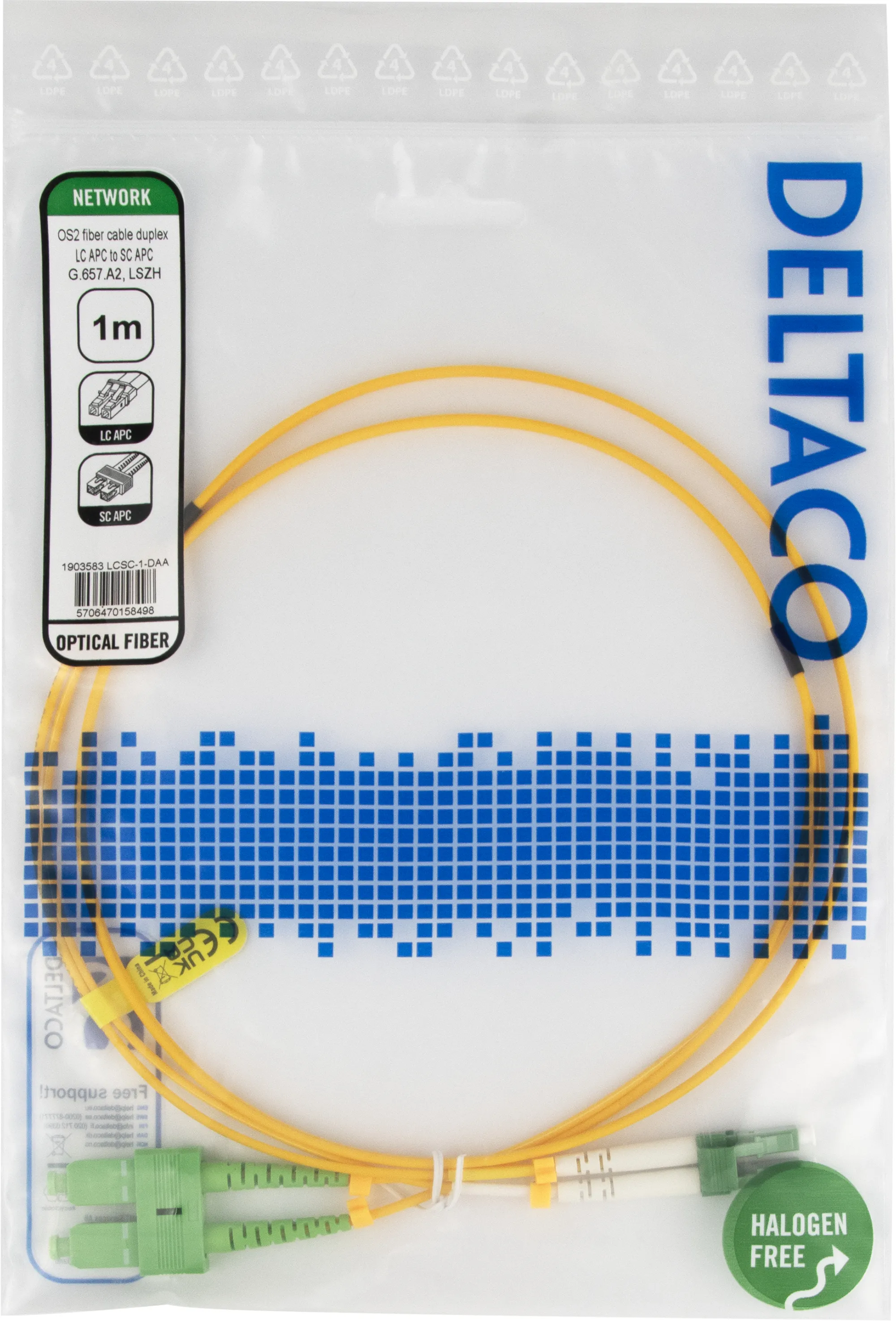 Deltaco OS2 LSZH LC-SC 1m Fiber Optic Cable, Yellow