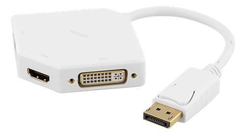 DELTACO DisplayPort till DVI-D/HDMI/VGA adapter, 0,2m, vit