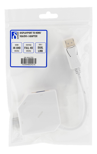 DELTACO DisplayPort till DVI-D/HDMI/VGA adapter, 0,2m, vit