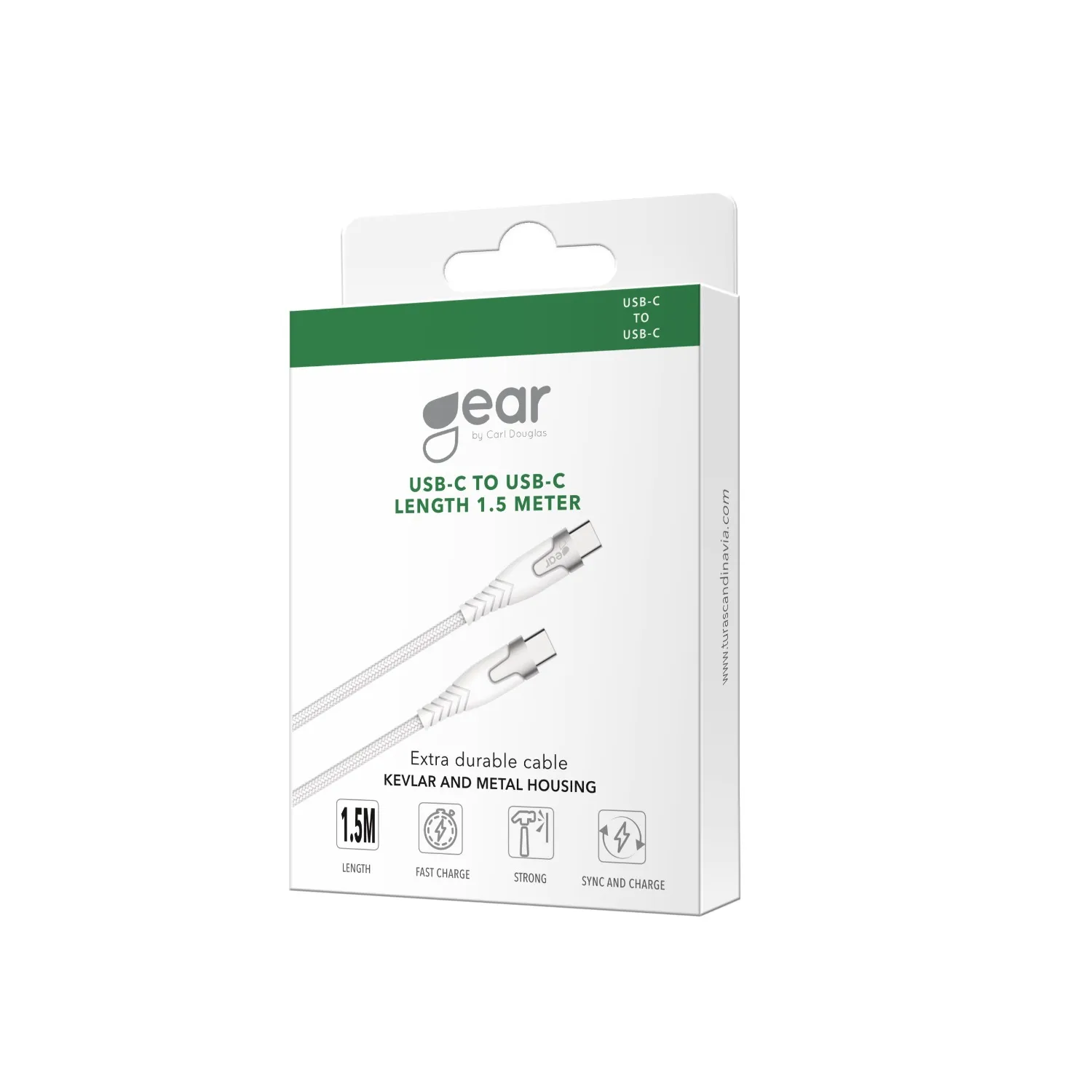 GEAR Kevlar Pro USB-C kabel, 60 W, 1,5 m, vit