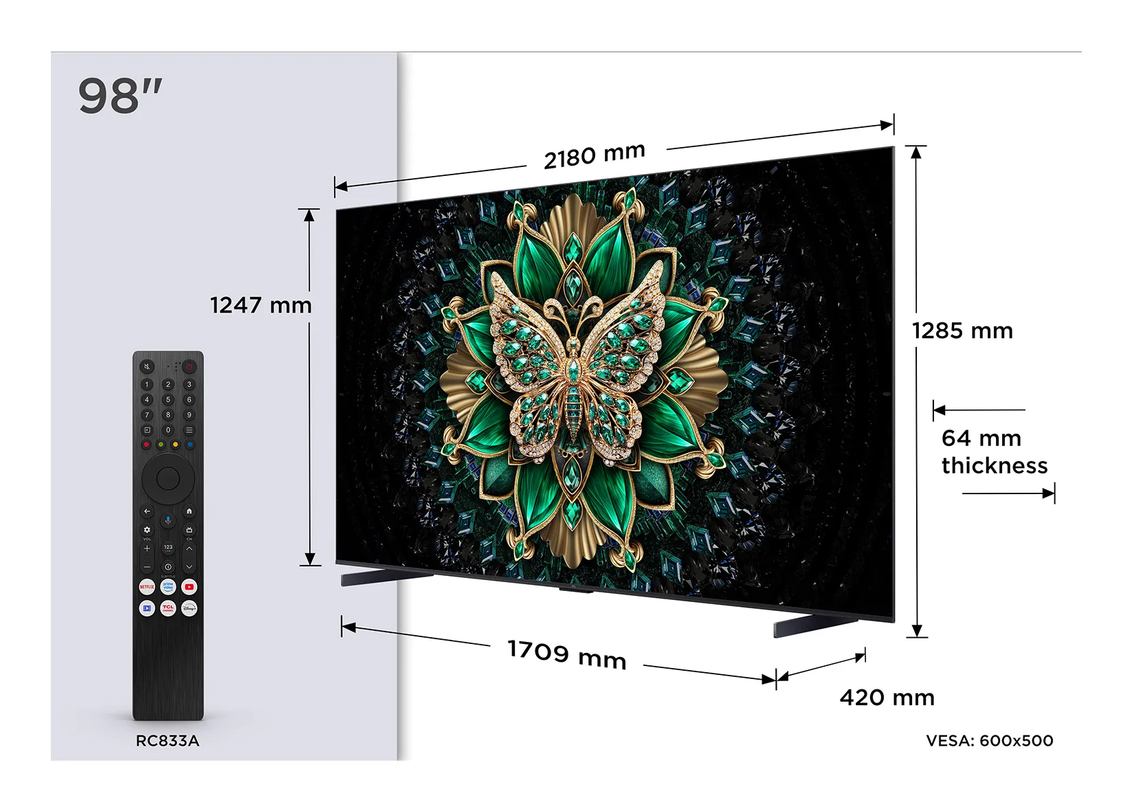 TCL 98C6K 98" 4K QD-Mini LED Google TV, 144 Hz, Dolby Vision IQ, HDR10+, metallic