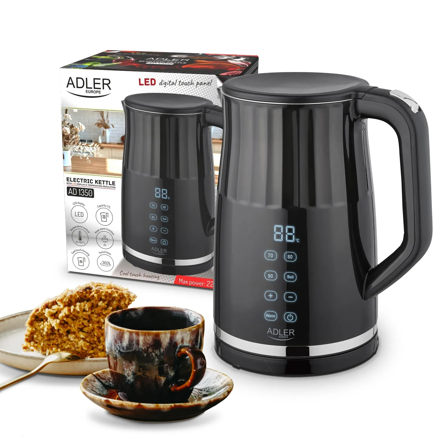 Adler AD 1350 kettle, 1.7L, 2200W, Black