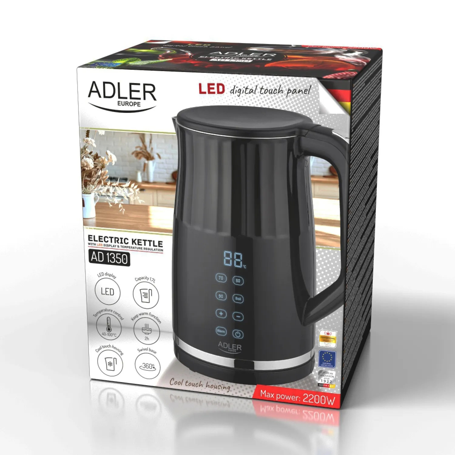 Adler AD 1350 kettle, 1.7L, 2200W, Black