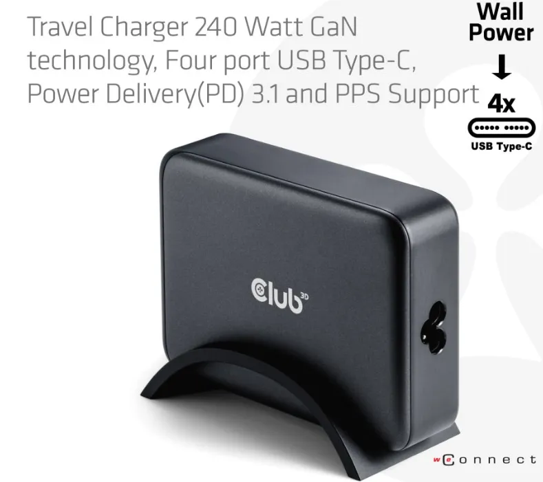 CLUB 3D CAC-1918 240W GaN 4-Port USB Type-C - Matkalaturi, Musta
