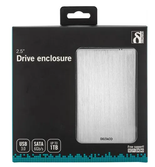 DELTACO ulkoinen kotelo 1x2,5&quot; SATA 6Gb/s-kiintolevy, USB3, hopea